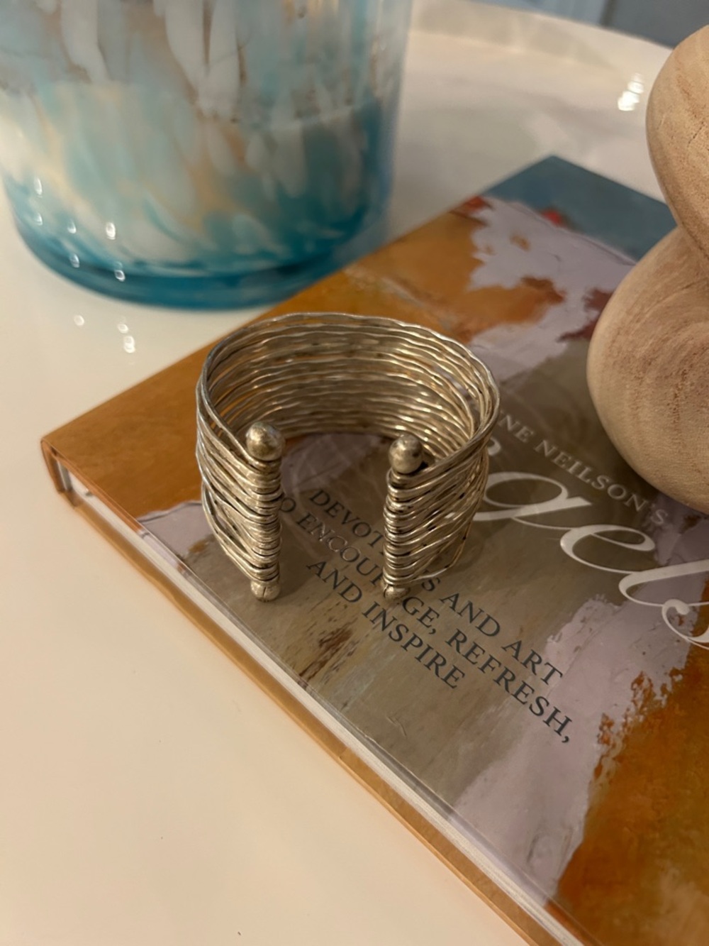 Textured Open Cuff Wire Wrap Ring - silver tone